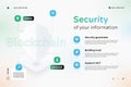 Blockchain work. Landing page with shield and surrounded by icons. Blockchain technology concept.